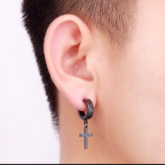 Black Stainless Steel Cross Drop Earrings - Picture 6 of 10